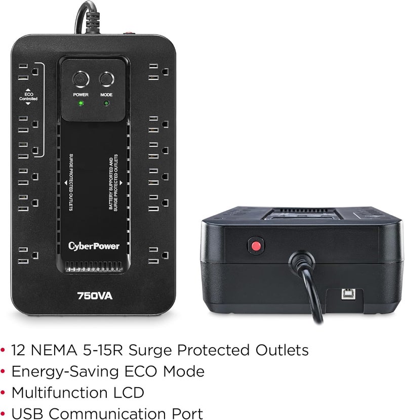 CyberPower نظام UPS لحماية البطارية الاحتياطية والجهد الزائد EC750G، 750VA/450W، 12 مخرج، وضع ECO، مزود طاقة غير منقطع مدمج، أسود - Image 4